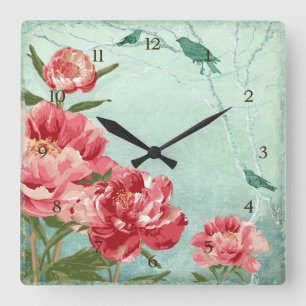 Horloge Carrée Pretty Retro Flower Home Decor Chintz Peony n Bird