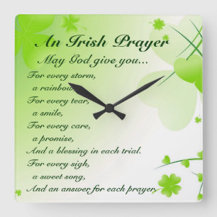 Horloge Carrée Prière irlandaise, Coeurs et Shamrocks