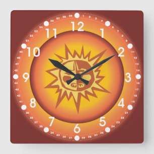 Horloge Carrée Primitive Tribal Sun Design Red Orange Glow