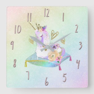 Horloge Carrée Princesse Licorne Diva Iridescent Arc-en-ciel Past