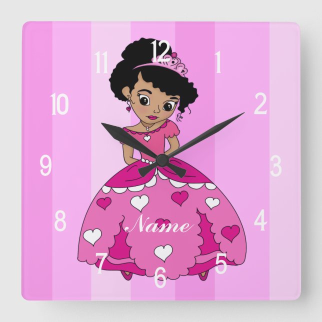 Horloge Carrée princesse noire avec cheveux noirs naturels (Recto)