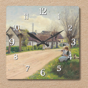 Horloge Carrée Printemps dans le village avec les filles sur le b