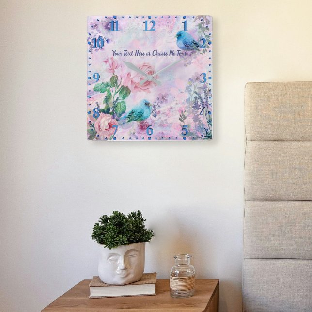Horloge Carrée Printemps Été Floral Oiseaux Fleurs sauvages Rose  (Créateur téléchargé)