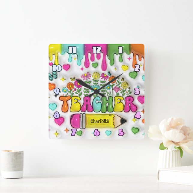 Horloge Carrée Professeur : Coloré, Floral, Design inspirant (Maison)