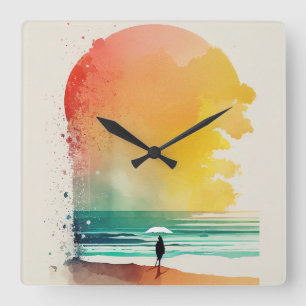 Horloge Carrée Promenade dans les Waves Abstrait Beach Art