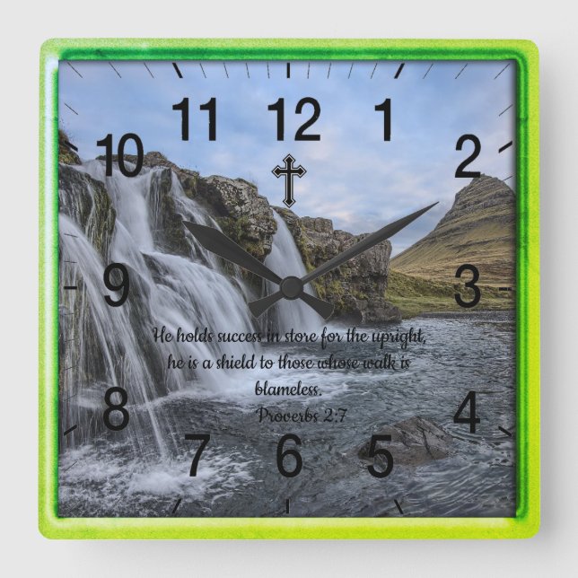 Horloge Carrée Proverbes 2:7 : Prière de la foi chrétienne (Recto)