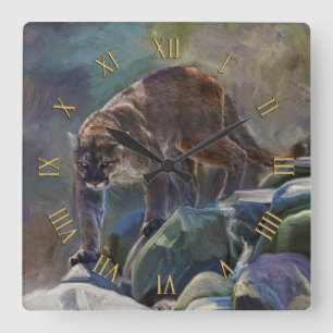Horloge Carrée Prowling Cougar Mountain Lion Art Design