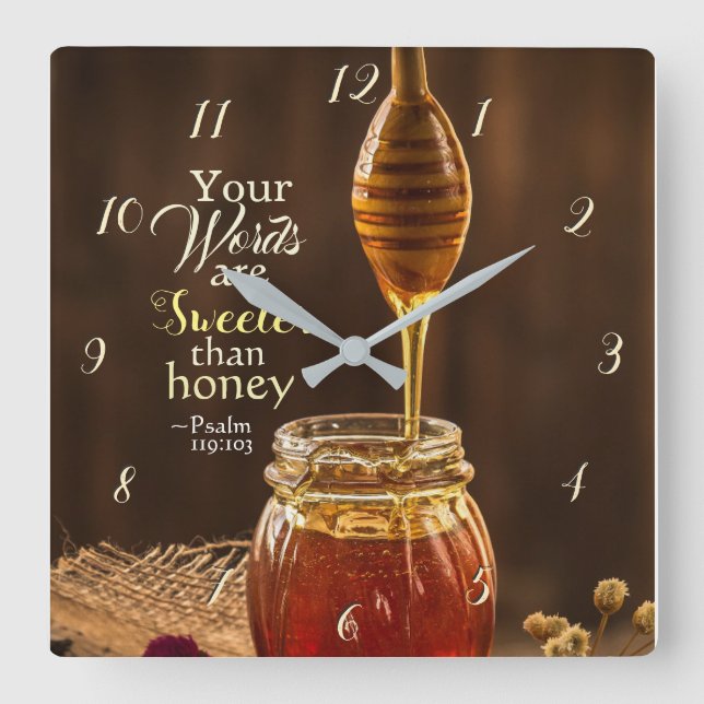 Horloge Carrée Psaume 119:103 Vos mots sont plus doux que le miel (Recto)