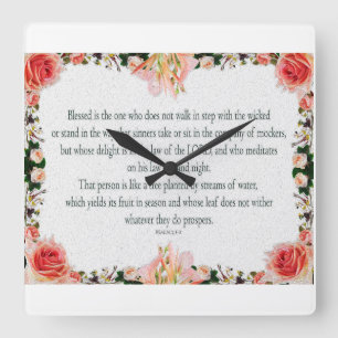 Horloge Carrée Psaume 1, huile de Lys florale, pas marcher dans l