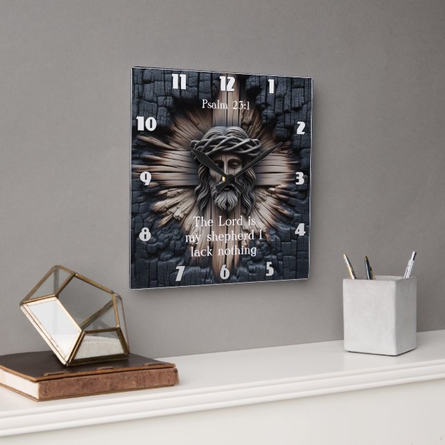 Horloge Carrée Psaume 23:1 Jésus sculpté Bois (Bureau)