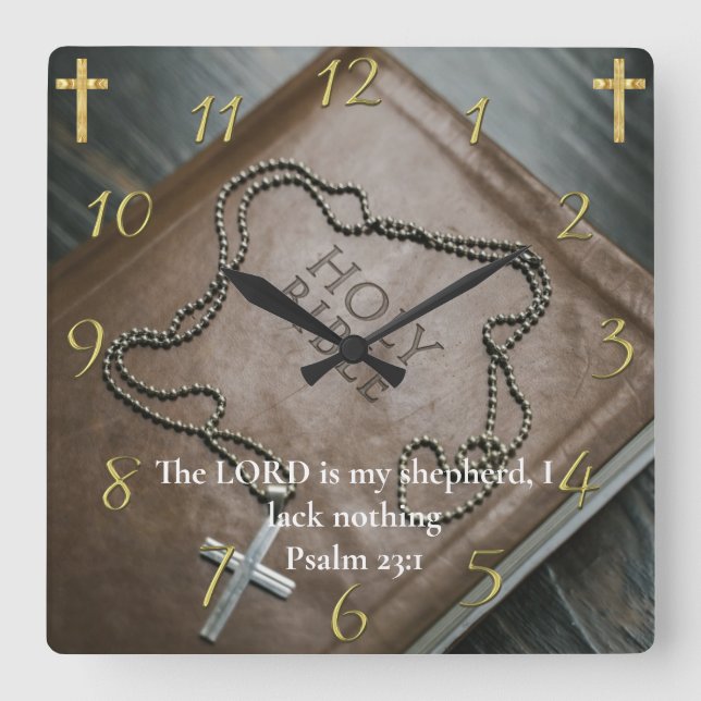 Horloge Carrée Psaume 23:1 Sainte Bible avec croix d'argent dessu (Recto)