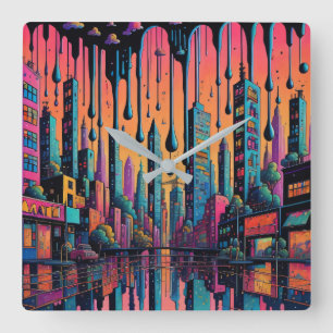 Horloge Carrée Psychedelic Drippy City Art