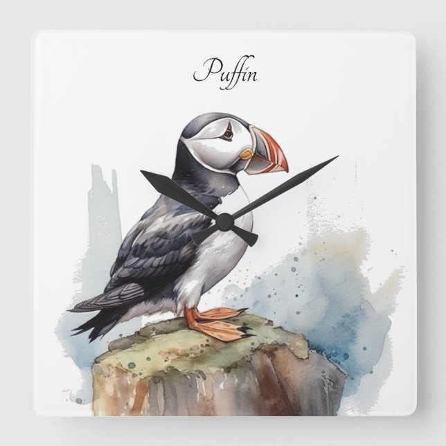 Horloge Carrée Puffin sur une aquarelle rocheuse, personnalisé (Recto)