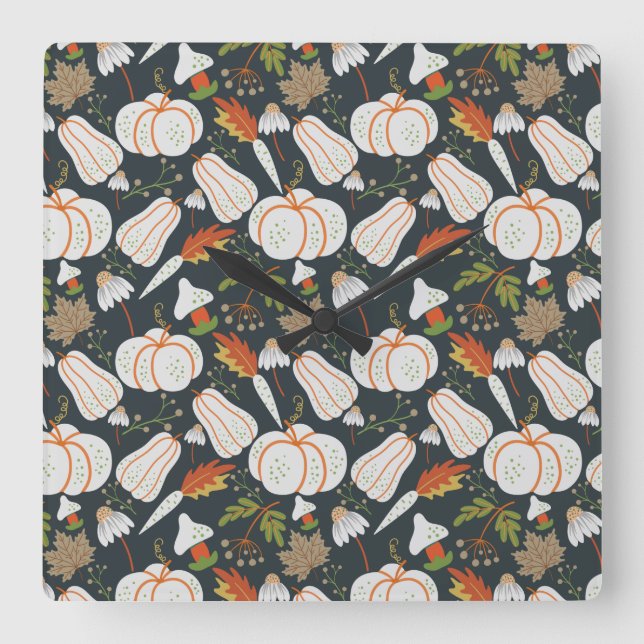 Horloge Carrée Pumpkin seamless pattern floral black and white (Recto)