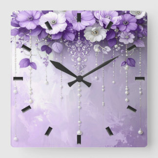 Horloge Carrée Purple Flowers with Dangling Pearls Wall Clock