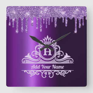 HORLOGE CARRÉE PURPLE GLITTER ELEGANT MONOGRAM WALL CLOCK