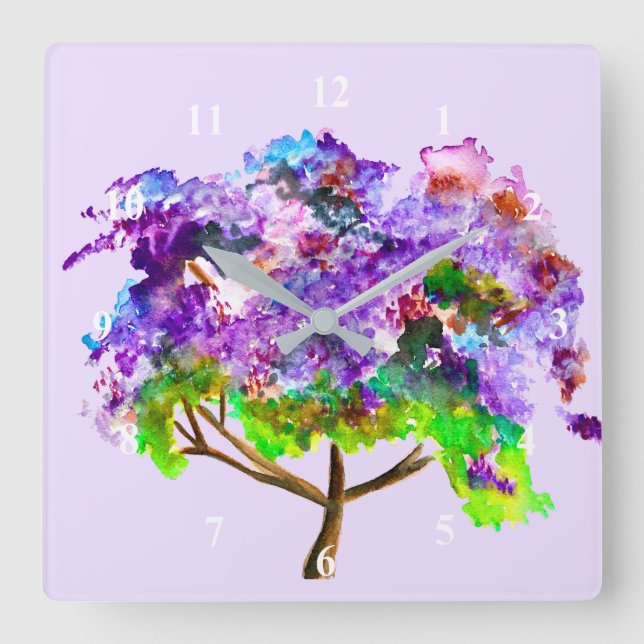 Horloge Carrée Purple Jacaranda tree watercolor fine art (Recto)