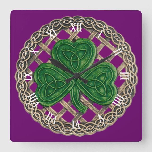 Horloge Carrée Purple Shamrock & Celtic Knots Roman Numeral Clock (Recto)