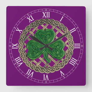 Horloge Carrée Purple Shamrock & Celtic Knots Roman Numeral Clock