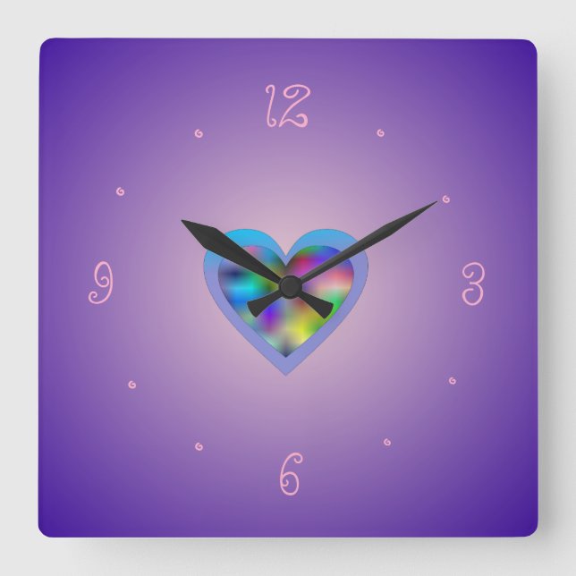 Horloge Carrée Purple with Rainbow Heart> Girls Wall Clocks (Recto)