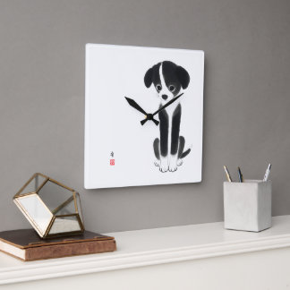 Horloge Carrée Quiet Paws - Puppy à l'encre minimaliste