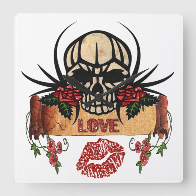 Horloge Carrée RAB Rockabilly Crâne Roses Love Lipstick (Recto)