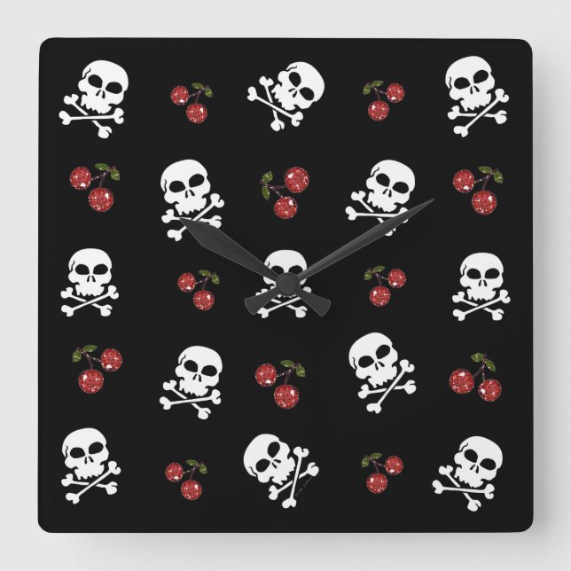Horloge Carrée RAB Rockabilly Skuls et Cerises sur Noir (Recto)