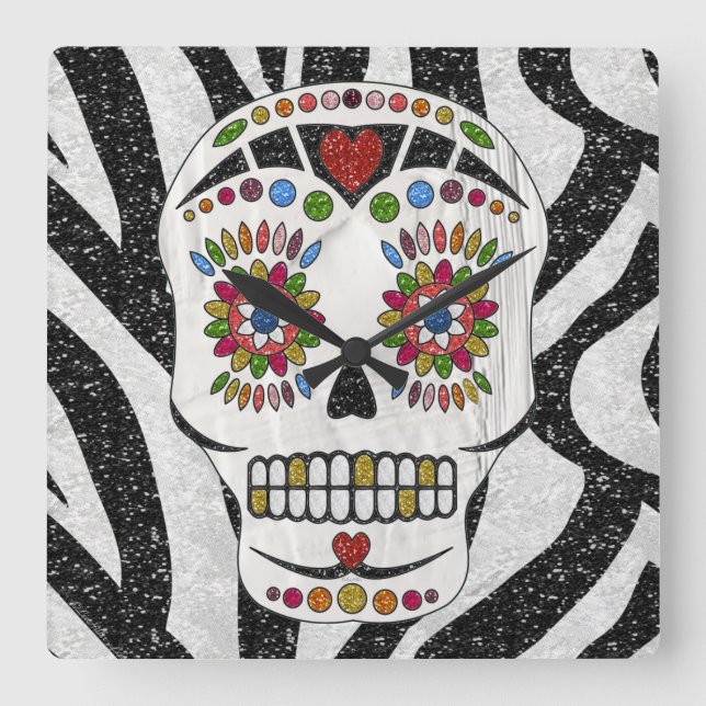 Horloge Carrée RAB Rockabilly Sugar Skull on Zebra (Recto)