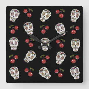 Horloge Carrée RAB Rockabilly Sugar Skulls Cherries On Black