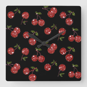 Horloge Carrée RAB Rockabilly très cerise cerises sur noir