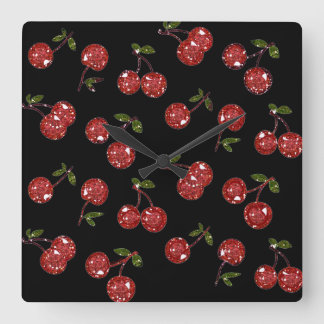 Horloge Carrée RAB Rockabilly Très Cerises Cerises Sur Fond Noir