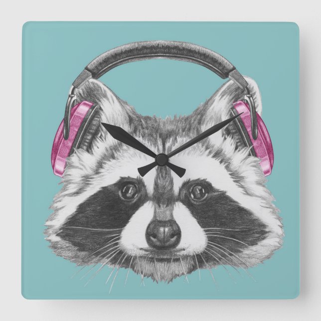 Horloge Carrée Raccoon d'Héadphone (Recto)