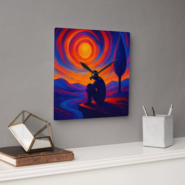 Horloge Carrée Radiant Solitude Abstract Expression in Blue ,fire (Bureau)