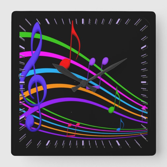 Horloge Carrée Rainbow notes music black wall clock (Recto)