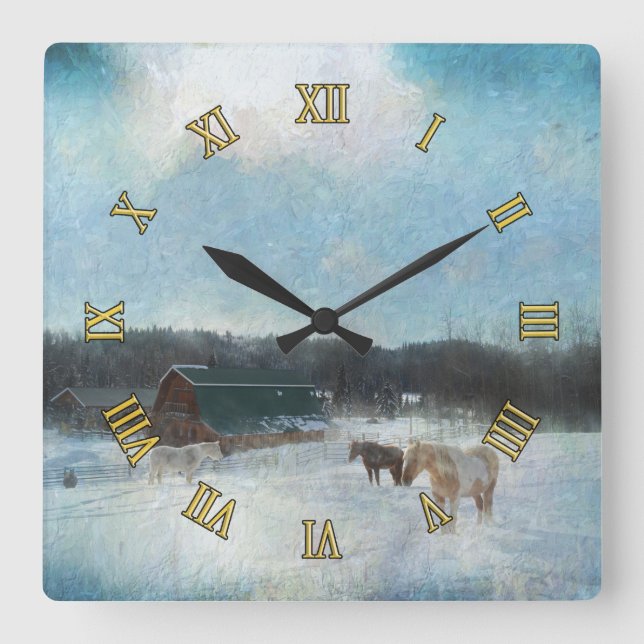 Horloge Carrée Ranch à cheval, granges et peinture à la neige (Recto)