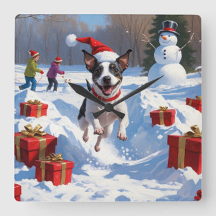 Horloge Carrée Rat Terrier Courir en neige avec Casquette de Noël
