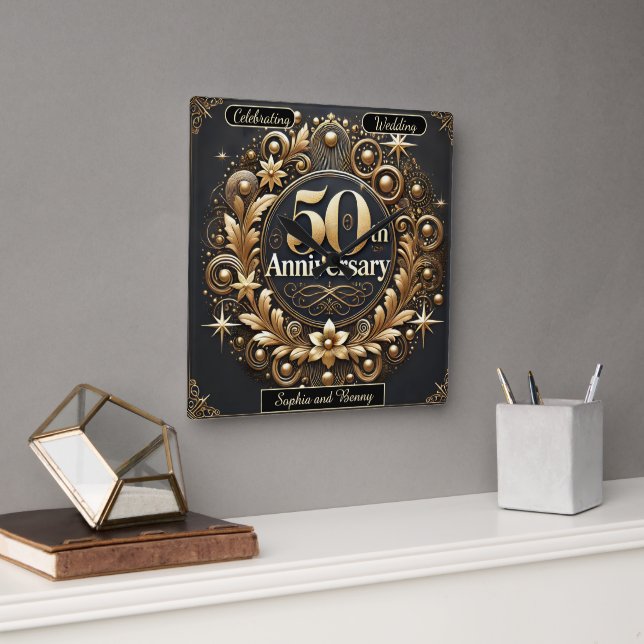Horloge Carrée Rayonnement d'or : 50 ans d'amour (Bureau)