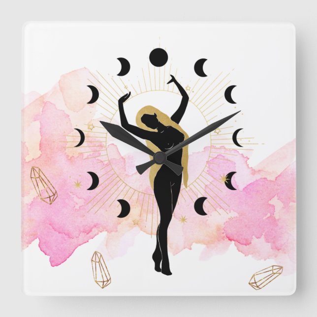 Horloge Carrée *~* Rays Crystals Or cosmique Black Goddess Moon (Recto)