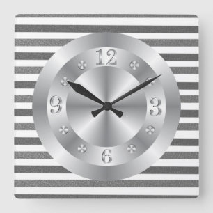 Horloge Carrée Rayures métalliques brillantes de gris argenté