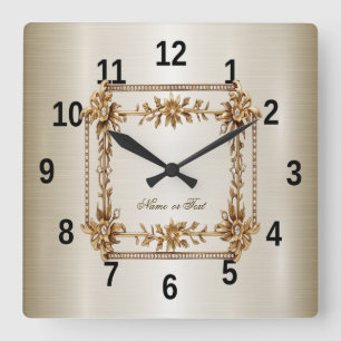 Horloge Carrée Rectangle Orné de Diamants Fleurs Dorées Brillante