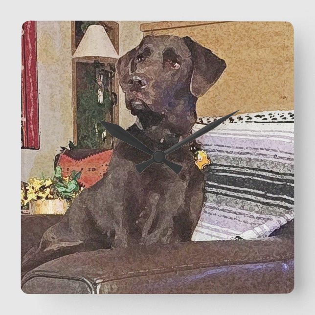 Horloge Carrée Récupérateur de chocolat Labrador sur chaise (Recto)