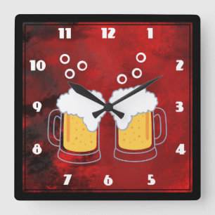 Horloge Carrée Red Abstract modern with Beer Mugs
