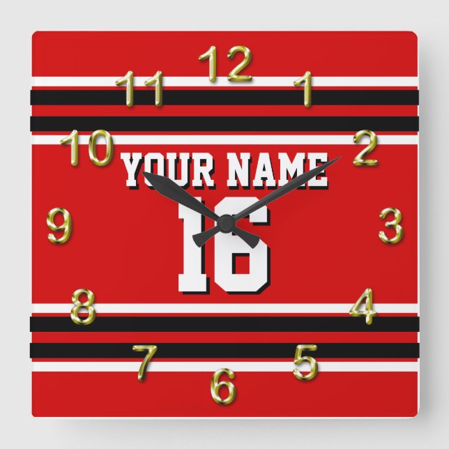 Horloge Carrée Red Black White Team Jersey Numéro personnalisé No (Recto)