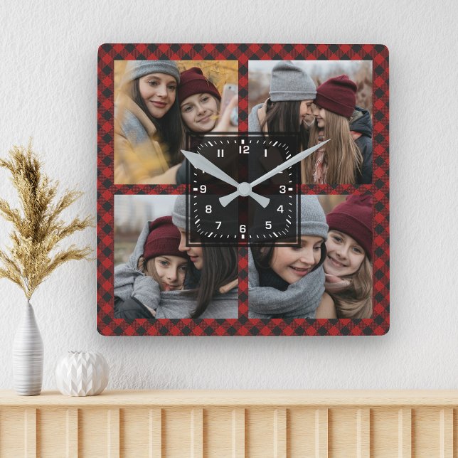 Horloge Carrée Red Buffalo Plaid Lumberjack Family Photo Collage (Créateur téléchargé)