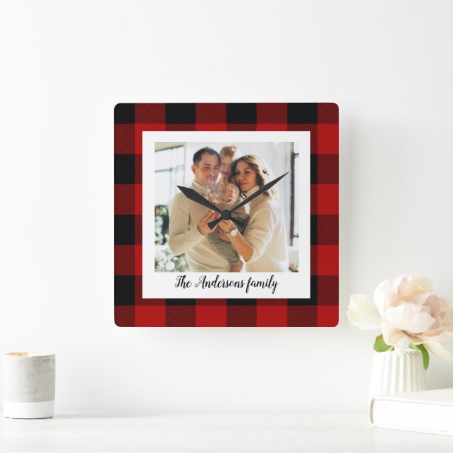 Horloge Carrée Red Buffalo Plaid & Nom Personnel Et Photo (Maison)