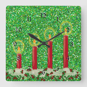 Horloge Carrée Red Christmas Candles, pretty sparkling design