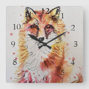 Horloge Carrée Red Fox Cute Art Whimsland