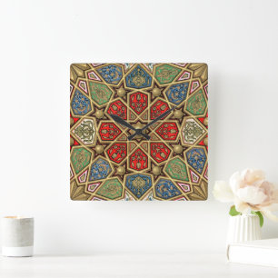 Horloge Carrée Red Green Blue Faux Gold Motif d'art arabe