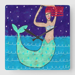 Horloge Carrée Red Haired Mermaid Art Abstrait