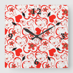 Horloge Carrée Red hearts and flowers on a white